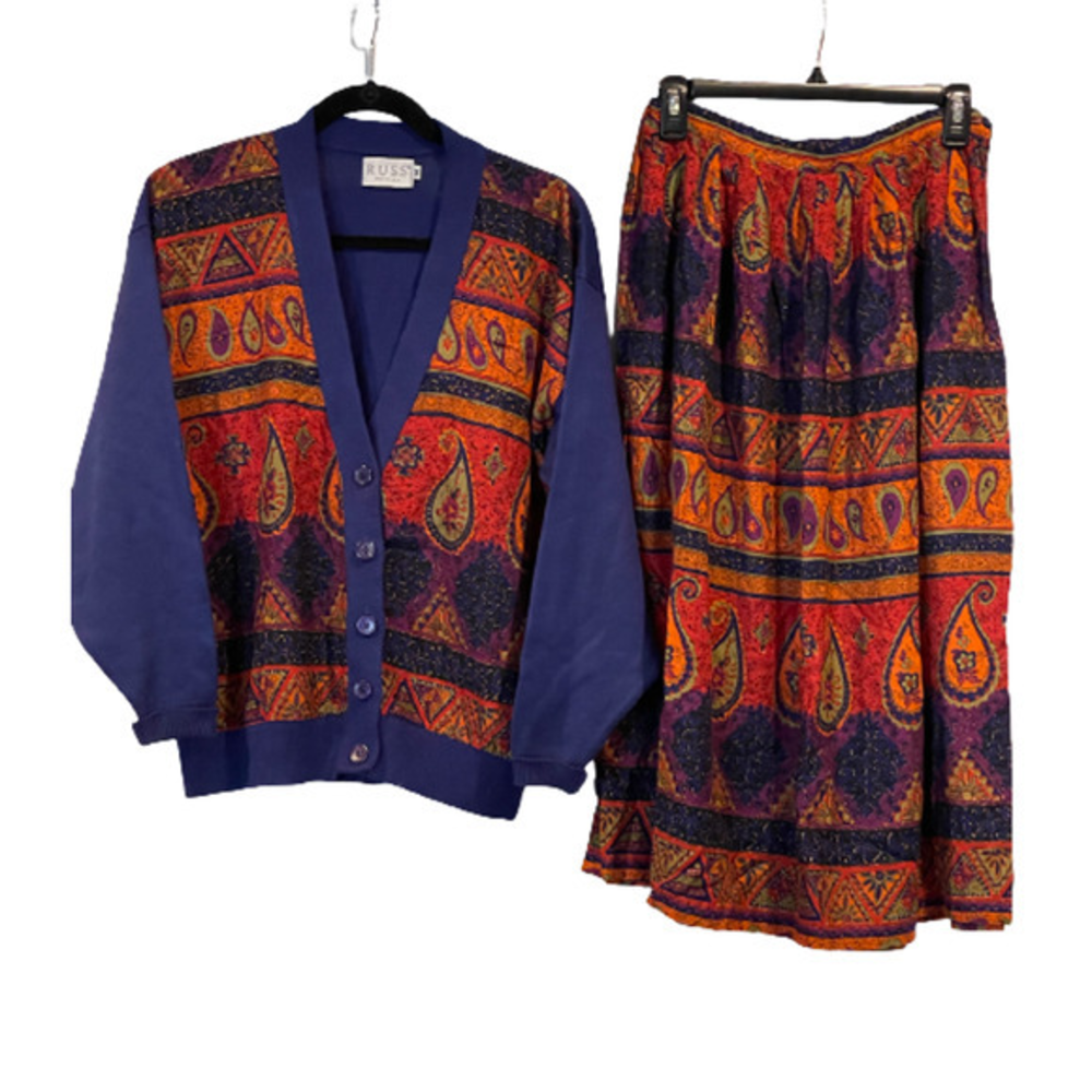 Vintage Russ Medium Paisley Geometric Violet Indigo Cardigan Sweater Skirt Set‎